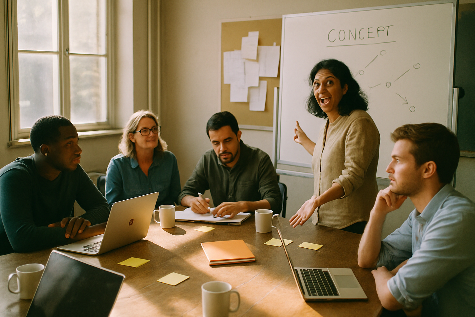 South Asian woman leads diverse team through change management workshop as participants engage around table with laptops and