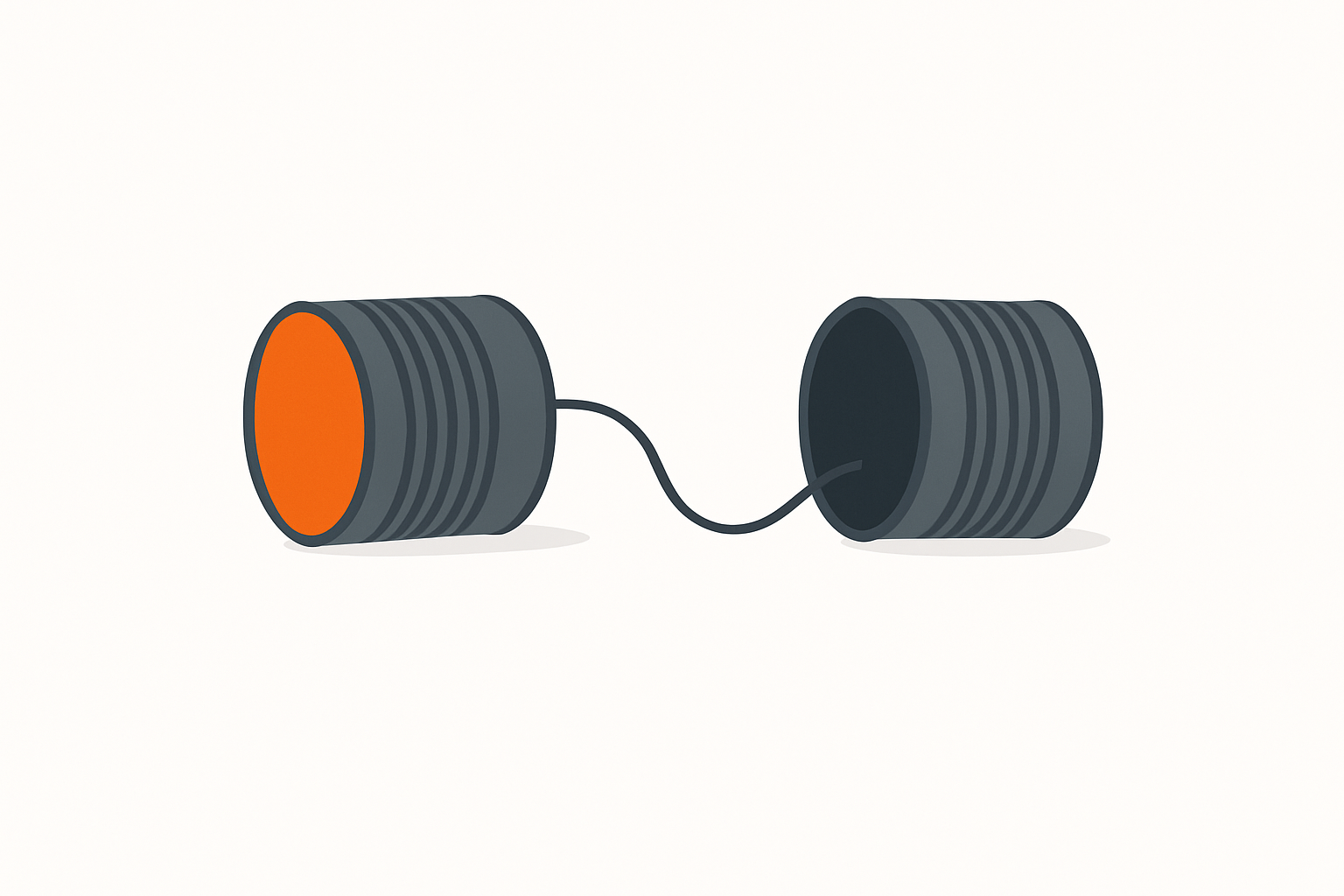 Charcoal grey tin can telephone with slack string, one can filled in robot orange, reflecting recent global changes impact on