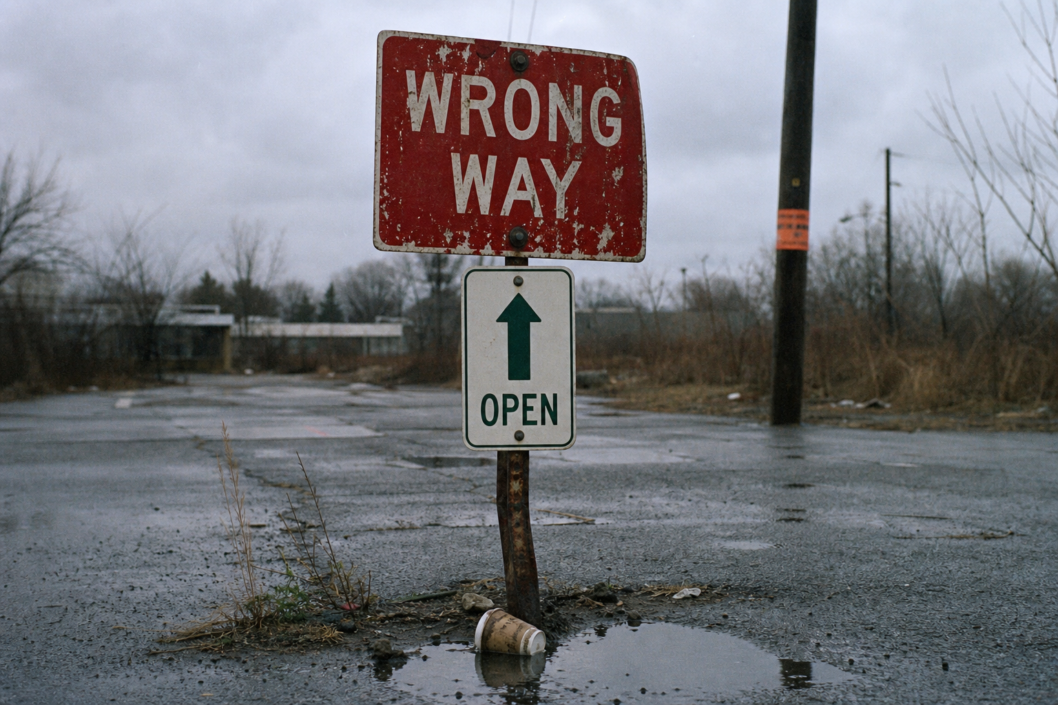 A wrong way sign above a green arrow captures governed enablement ai in a gritty, overcast parking lot scene