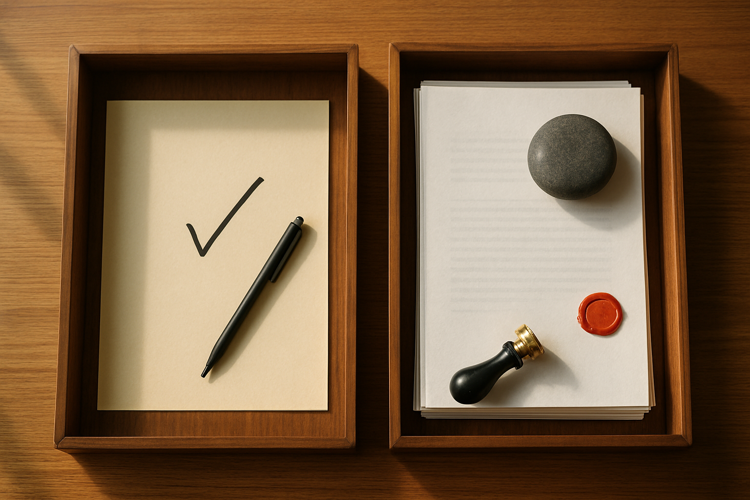 Overhead desk showing light and heavy review trays, illustrating how to calibrate ai controls to risk