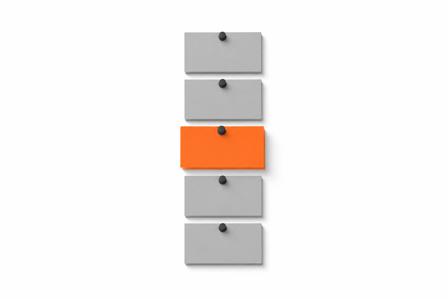 Five cards pinned in a vertical column, four grey and the middle one orange, standing out from the rest of the stack