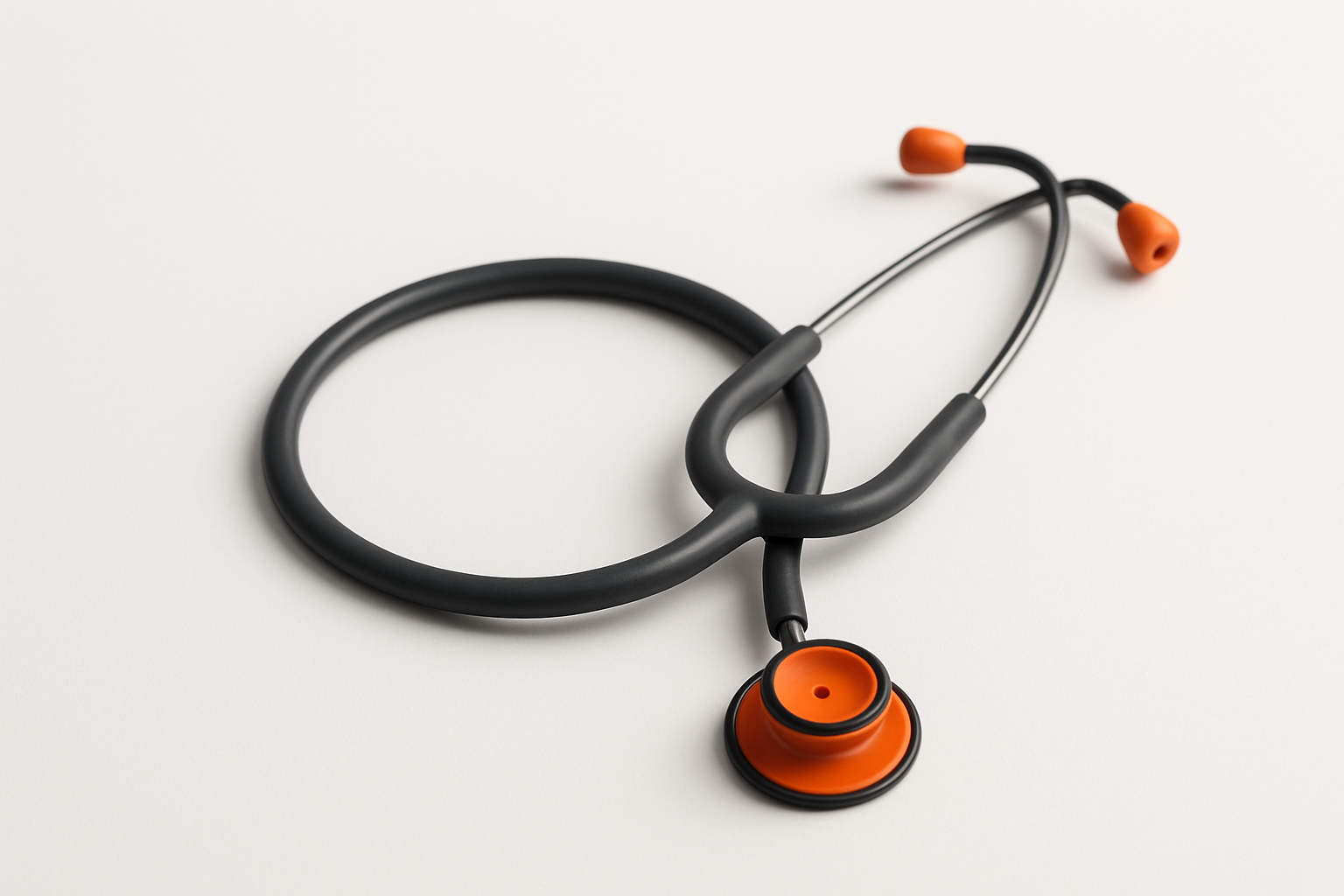 Charcoal grey stethoscope with orange chest piece coiled on white, symbolizing how to measure ai adoption roi