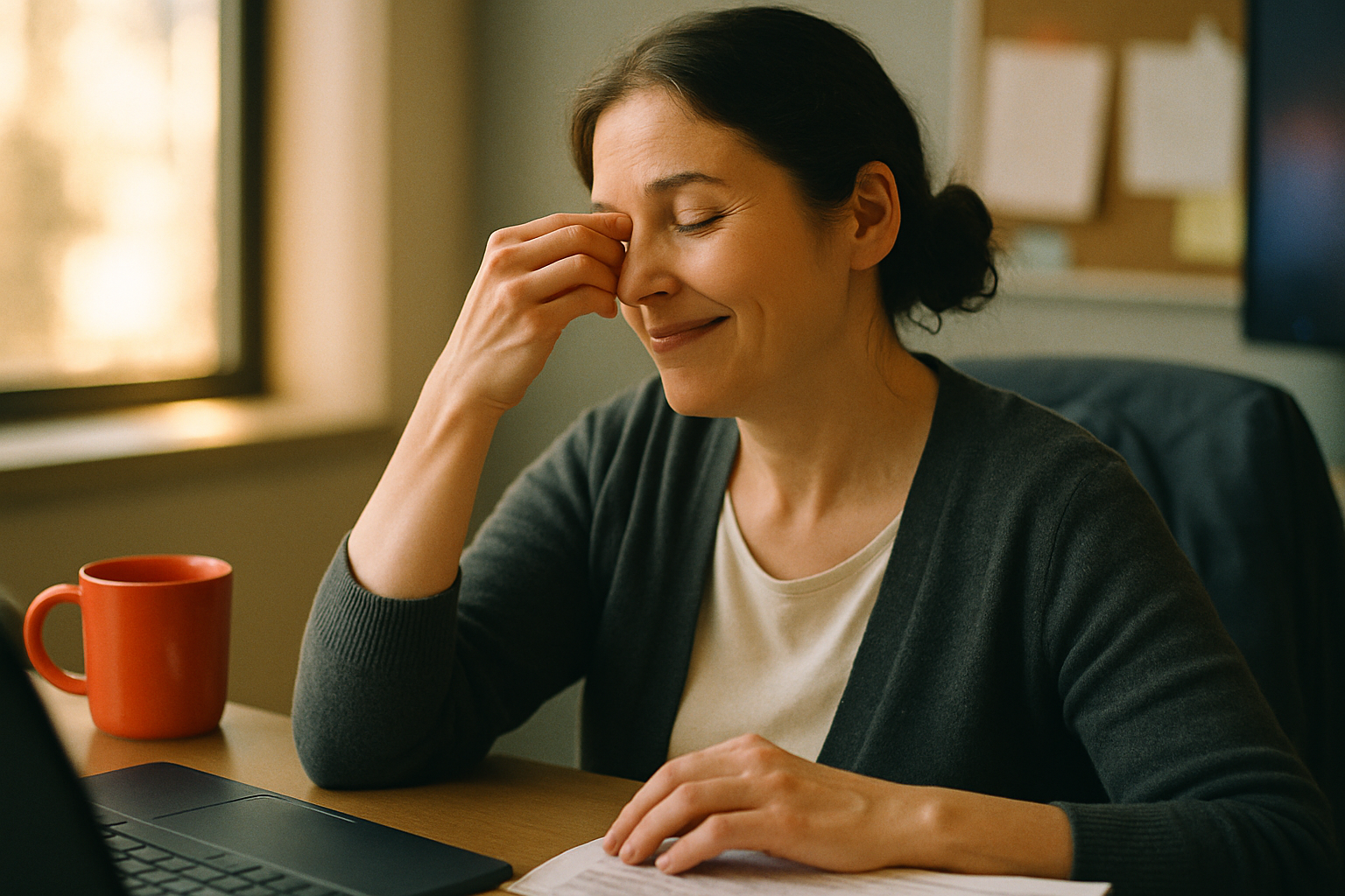 Woman at desk reviewing AI adoption spreadsheets, rubbing bridge of nose with eyes closed in moment of weary realization