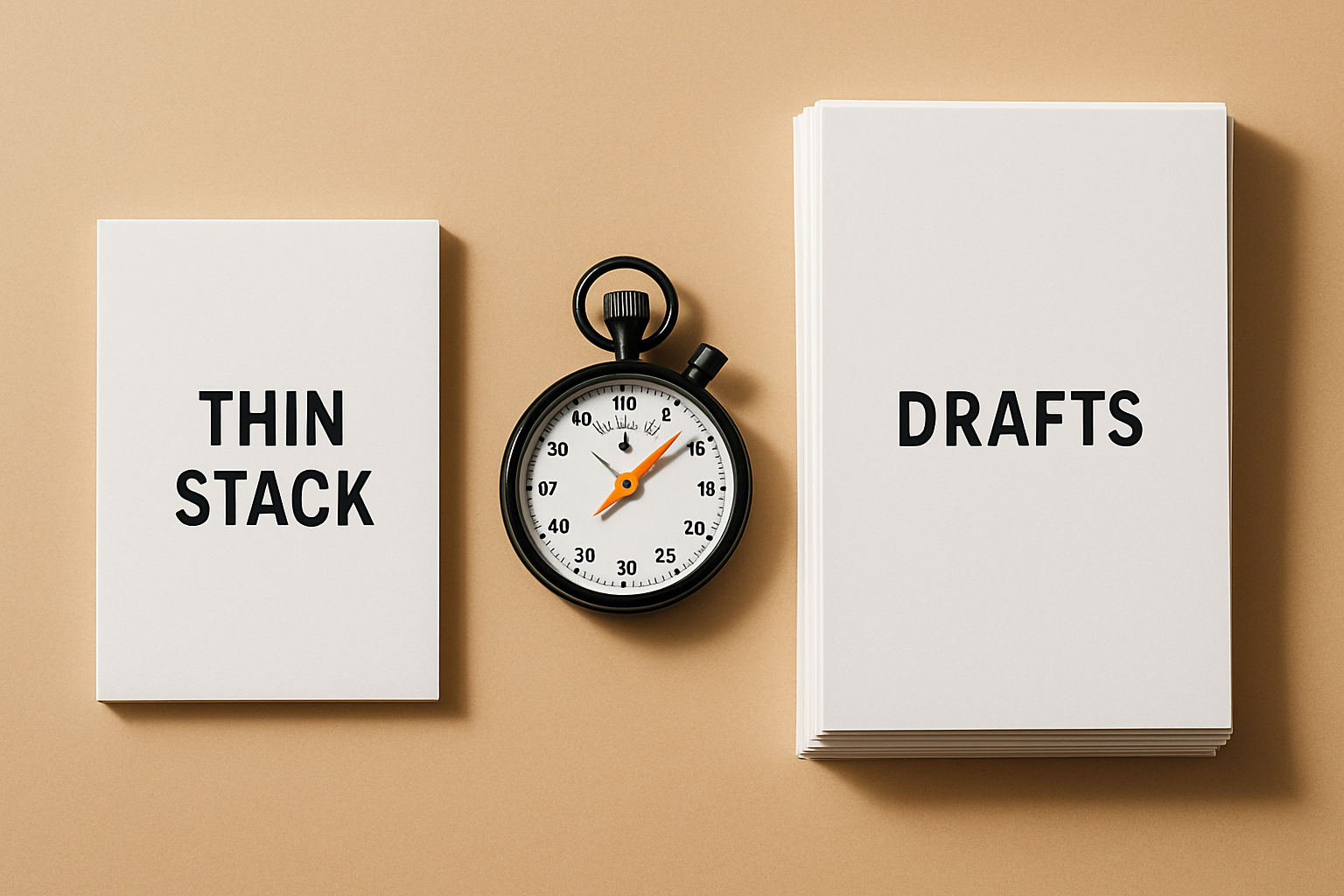 Two paper stacks and a stopwatch on a desk, comparing before-and-after work to show how to measure ai roi