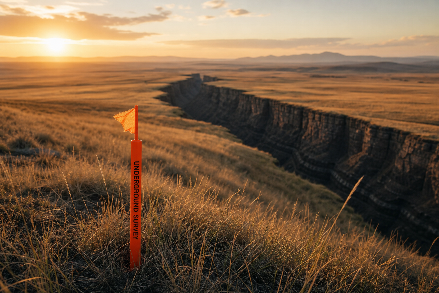 An orange survey marker stands in a vast prairie at sunrise, mapping the hidden terrain of the productivity code