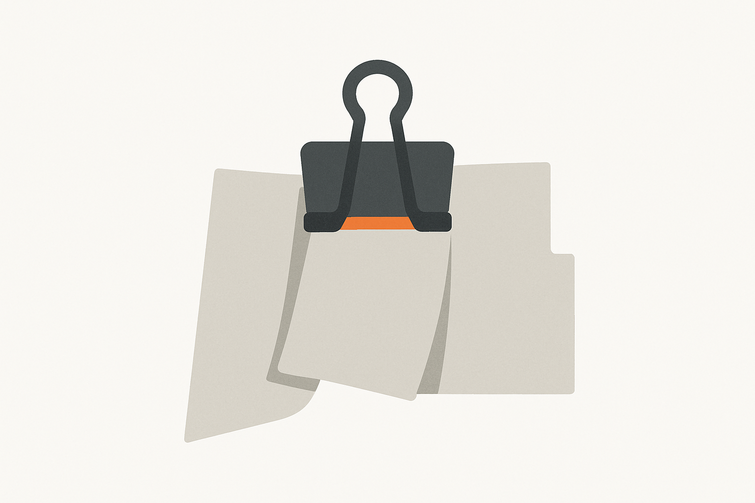 Charcoal grey clip with orange spring hinge holding three mismatched, differently shaped papers fanned beneath it