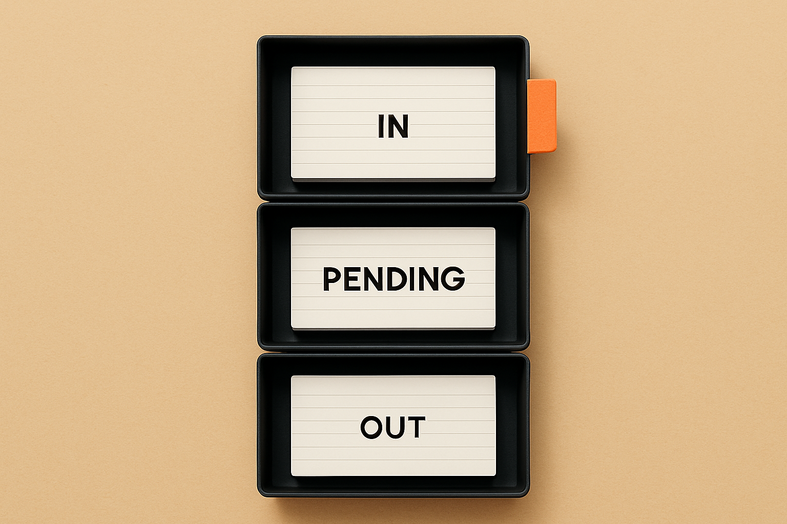 Overhead flat-lay of labeled intake trays with an orange tab, a simple quick win for ai governance programs