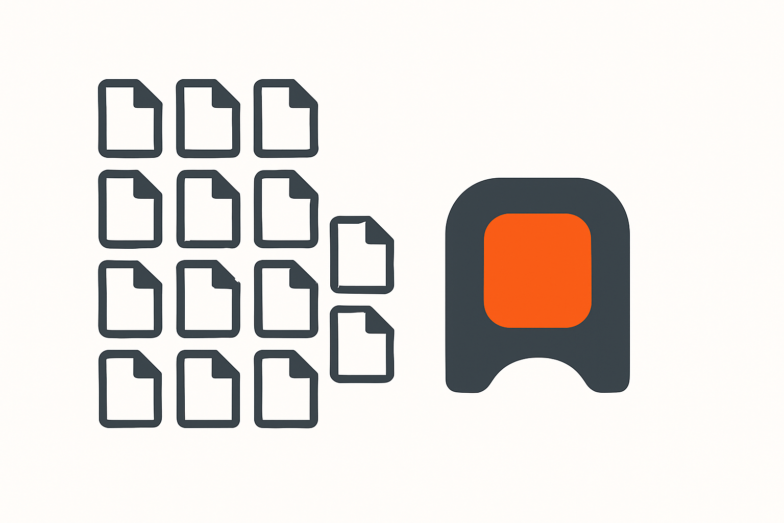 Cluster of small grey document icons beside one larger orange gate-shaped form isolated on white