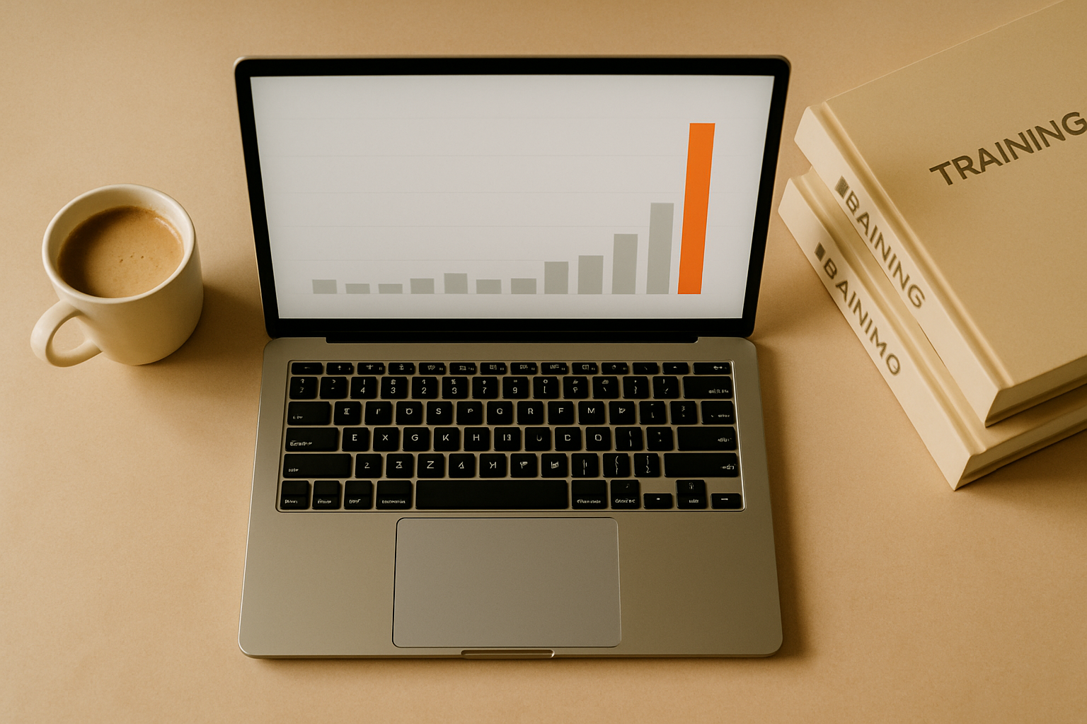 Laptop showing a flat bar chart with one orange bar, beside coffee and unused training binders, illustrating stalled ai adopt