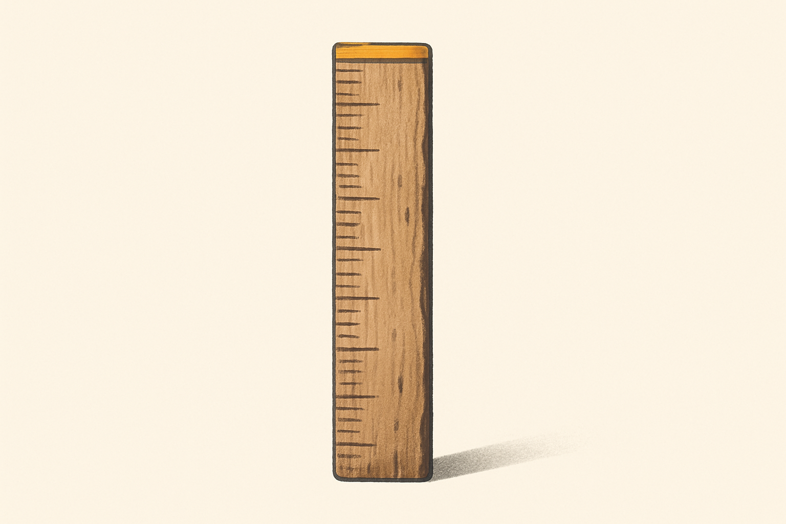 Worn wooden ruler standing vertically against off-white background suggesting measurement and progress in ai transformation