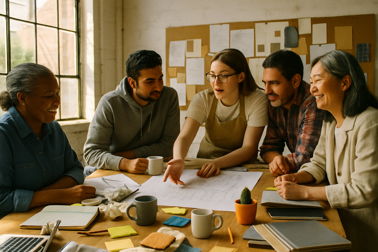 Diverse team collaborating around a cluttered studio table discussing why AI pilots fail to scale amid blueprints and coffee 
