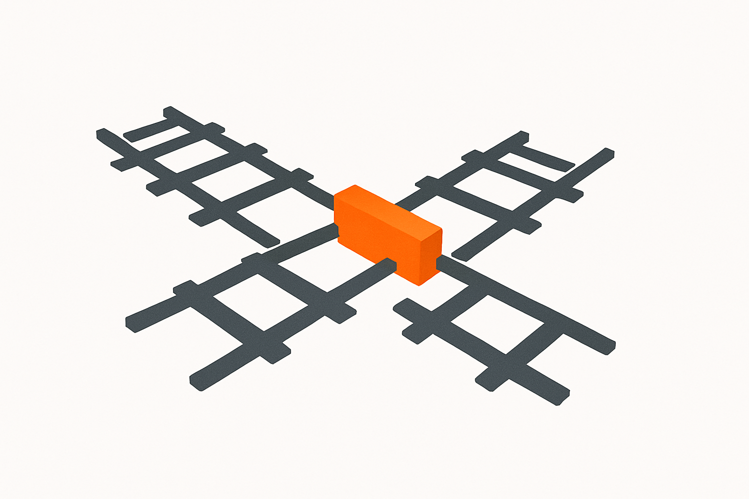 Misaligned charcoal rail segments with gaps, joined by a solid orange coupling, illustrating why AI adoption is failing